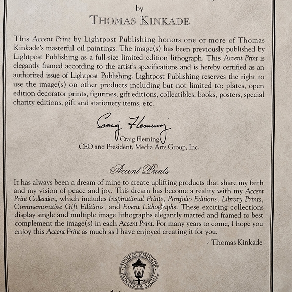 Thomas Kinkade 1998 Framed Autumn Gate & Beyond With Certificate Of Authenticity - Picture 8 of 11